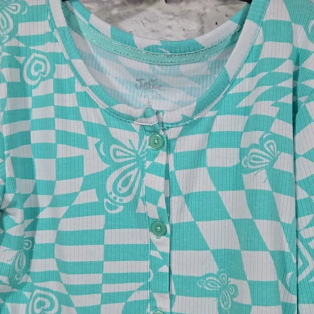 Justice Girls Top 7 8 Butterfly Ribbed Button Front Cinch Long Sleeve Tee School
